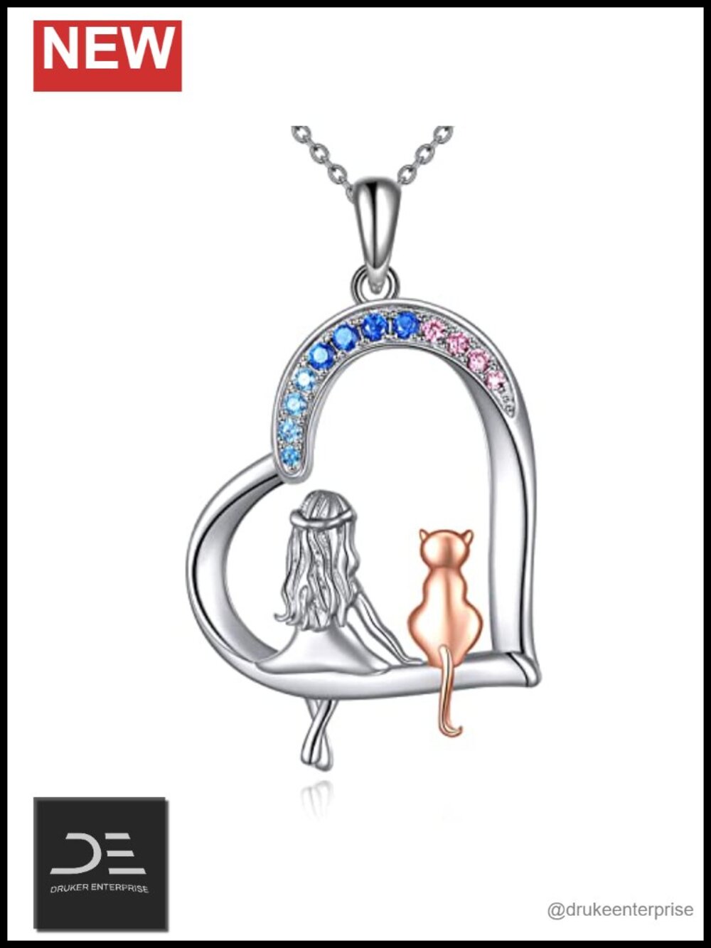925 Sterling Silver Cat Heart Pendant Necklace for Women